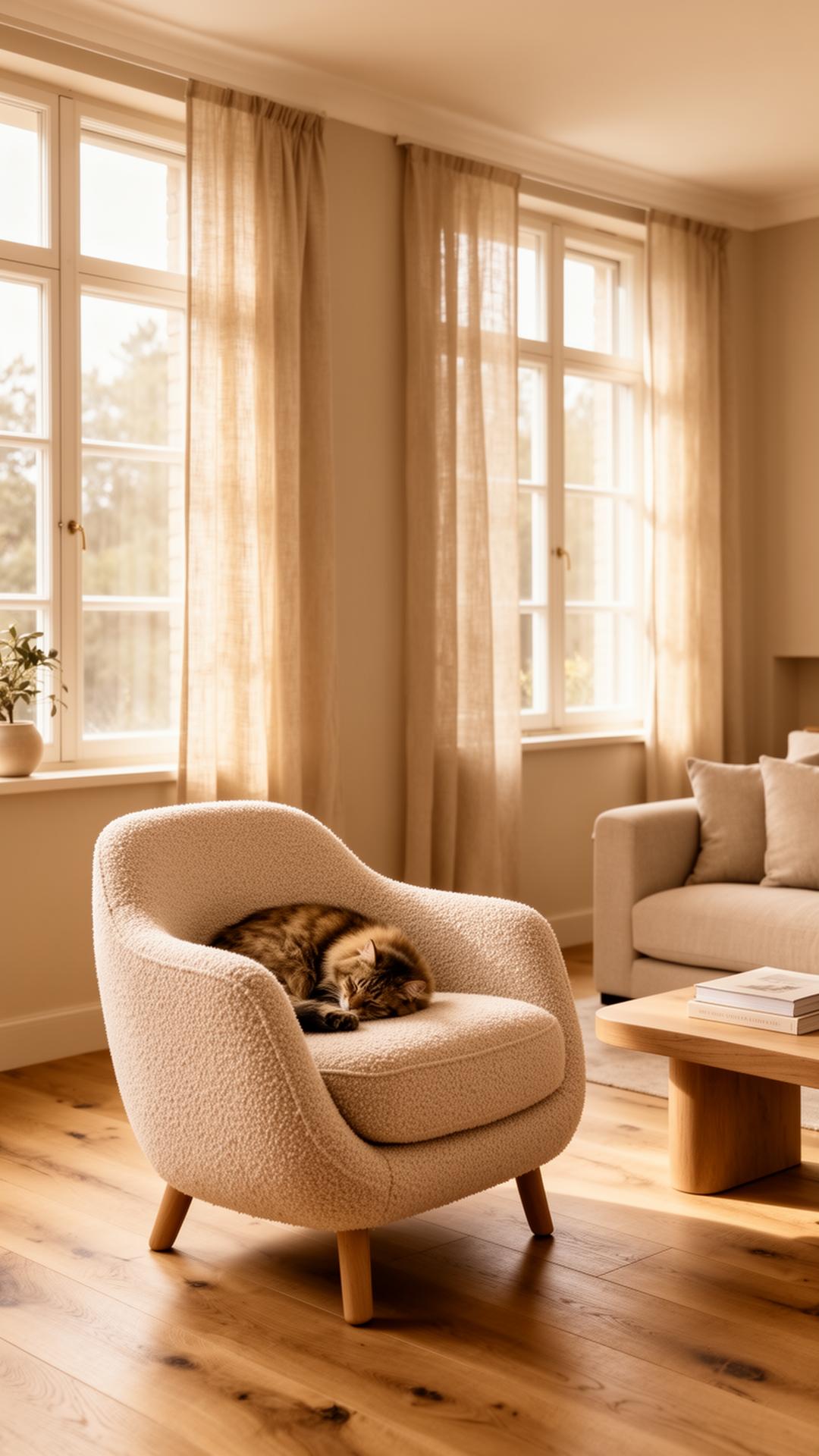 A cat sleeping on a bouclé chair in a sunlit room