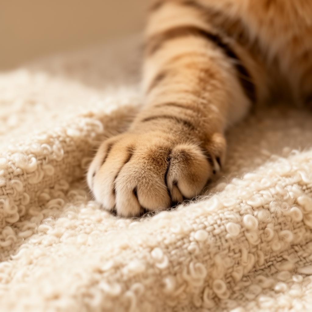 Close up of cat paw on bouclé