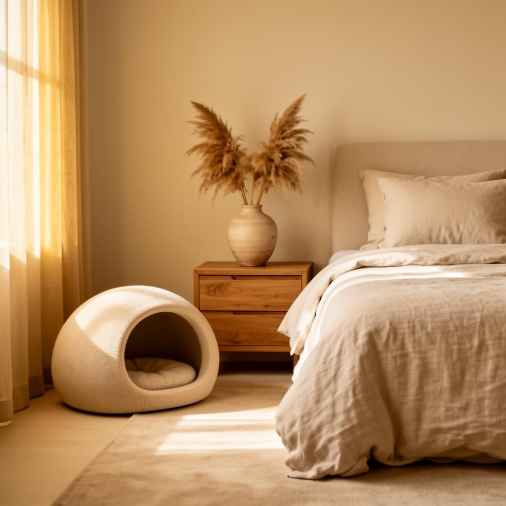 Bedroom with cream cat bed