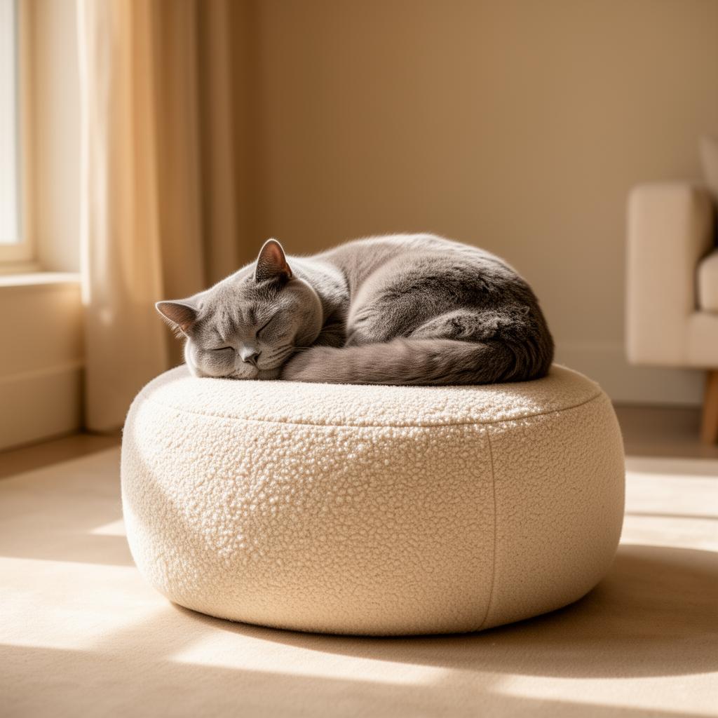 Cat sleeping on cream pouf